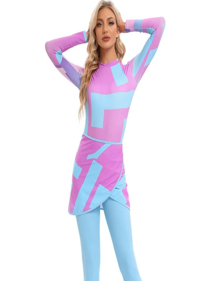 AWIBMK Womens Muslim Swimsuits Long Sleeve Tie Dye Top Swim Pants with Long Sarong Cover up Wrap Skirt Full Coverage Swimwear Modest Islamic Ladies Swimming Burkini Bathing Suit Blue + Rose 4PCS Large - Image 2